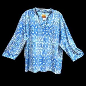 Ruby Rd Aqua/Green/White Geometric Embellished Notch Neck Top - 2X